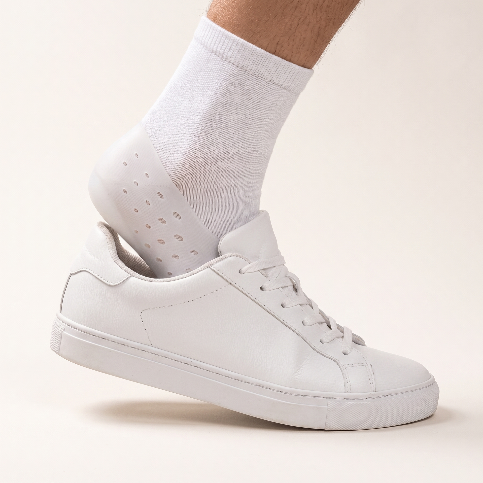 A socked foot wearing the ELVO heel lift stepping into a plain white trainer