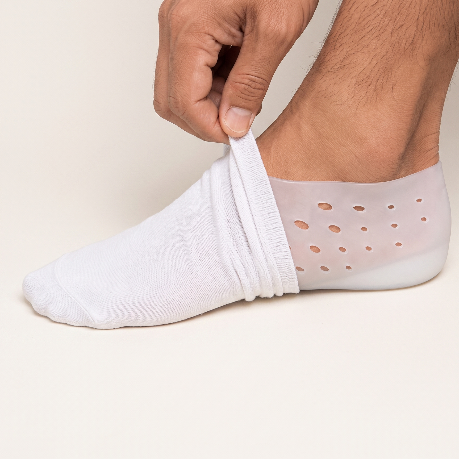 A white sock being pulled up over the ELVO heel lift